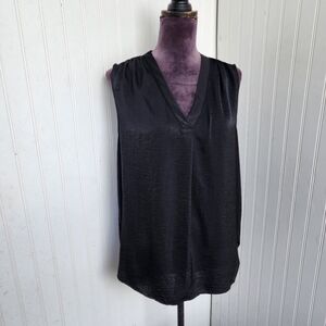 MSRP $60 Alfani Womens Satin V-Neck Top Shiny Black Silky Sleveless Size L
